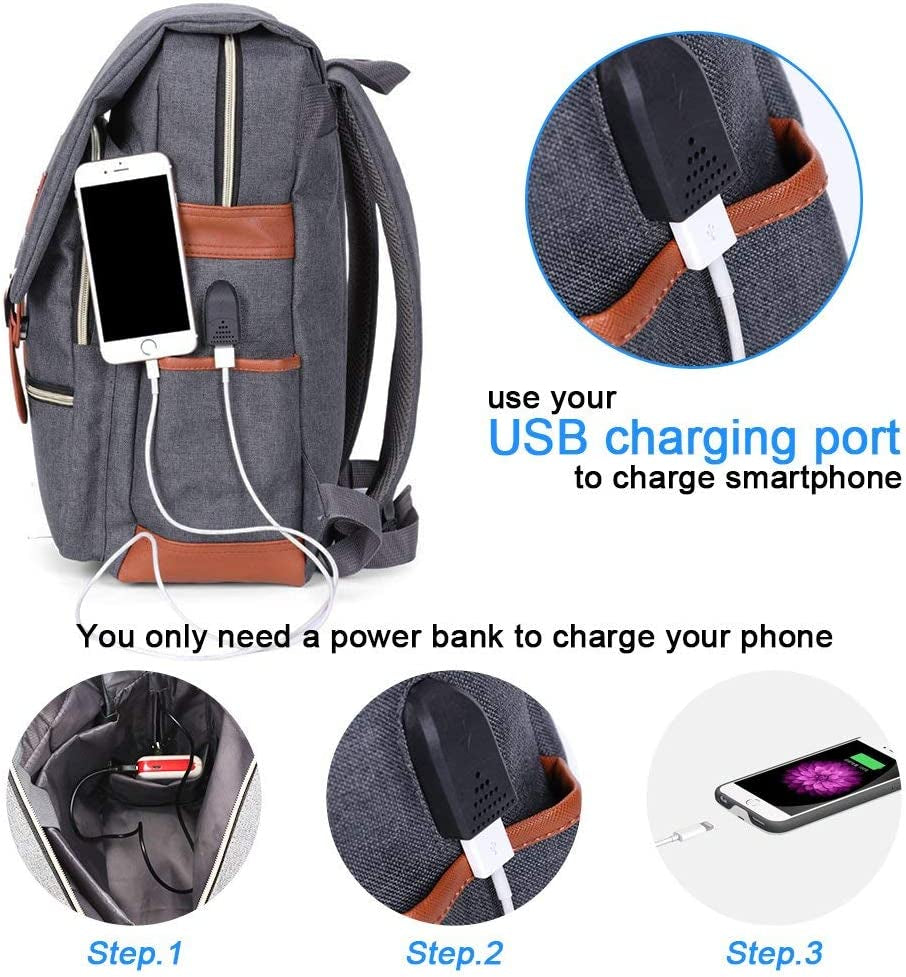 Eco-Friendly Vintage Laptop Backpack for Women Men,Travel Backpacks with USB Charging Port Fashion Backpack Fits 15.6Inch Notebook, Grey