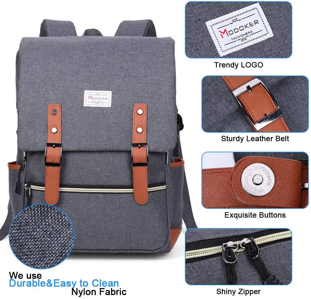 Eco-Friendly Vintage Laptop Backpack for Women Men,Travel Backpacks with USB Charging Port Fashion Backpack Fits 15.6Inch Notebook, Grey