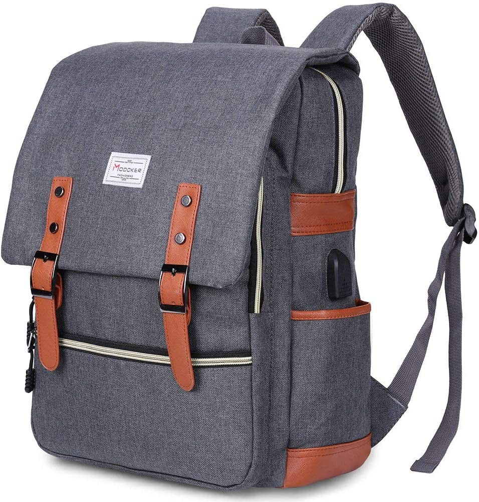 Eco-Friendly Vintage Laptop Backpack for Women Men,Travel Backpacks with USB Charging Port Fashion Backpack Fits 15.6Inch Notebook, Grey