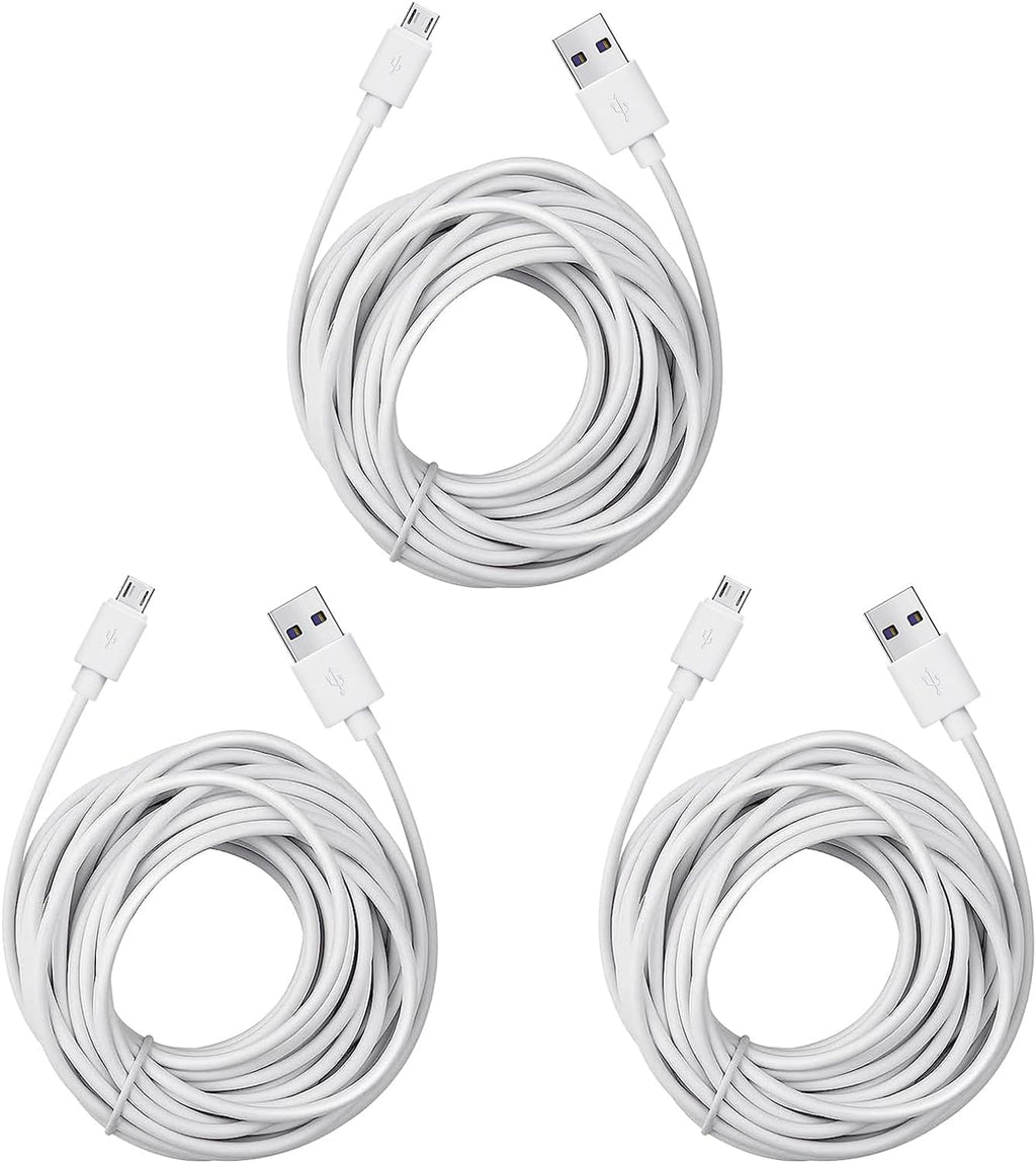 Micro USB Extension Cable Replacement for Wyze Cam V3 or Pan V2, Yi Outdoor Camera - Long Power Cord 25 Ft, White, 3-Pack